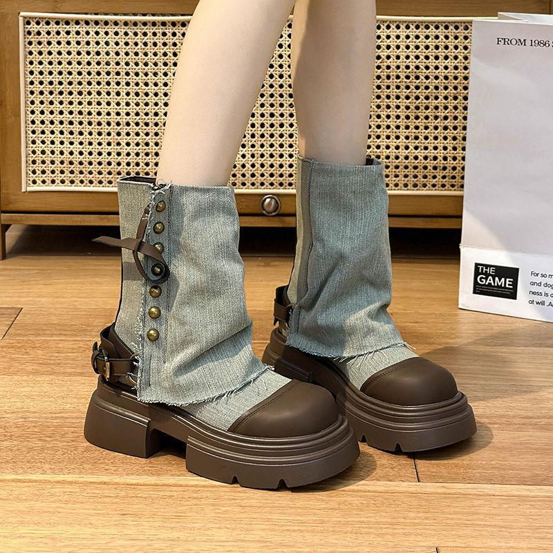 Cowboy Tube Boots Women's Platform Small British Style Martin Boots 2025 New Summer Retro Stacked Short Boots