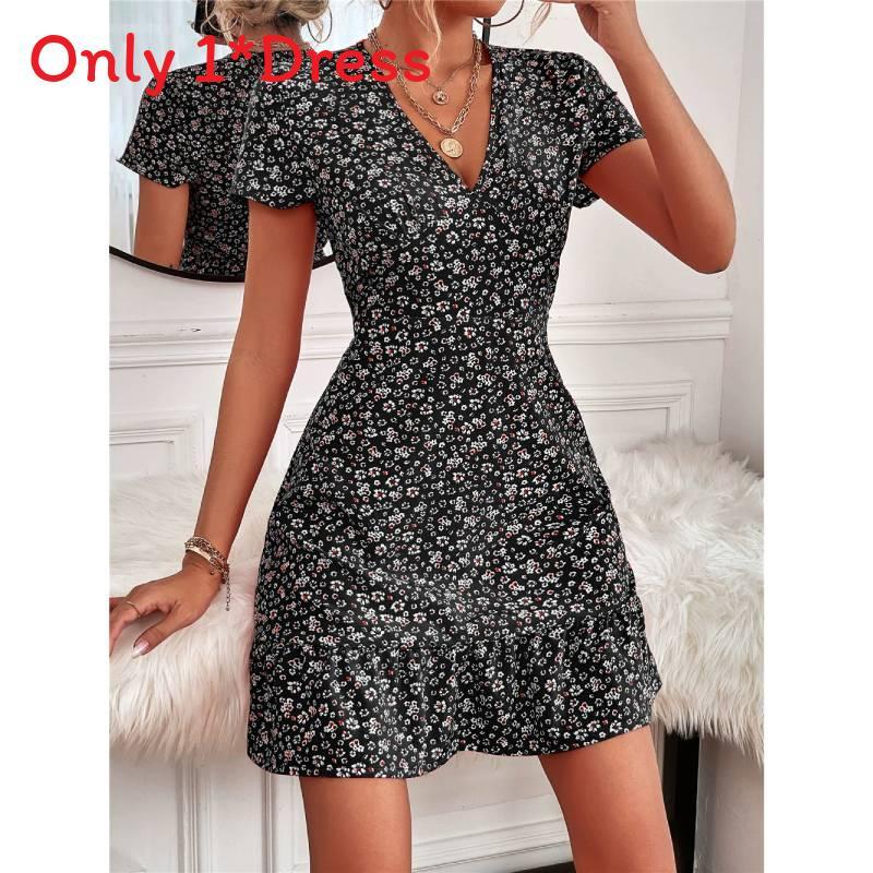 Summer Chic Floral Print V Neck Dress With Ruffle Hem For Casual And Beach Wear