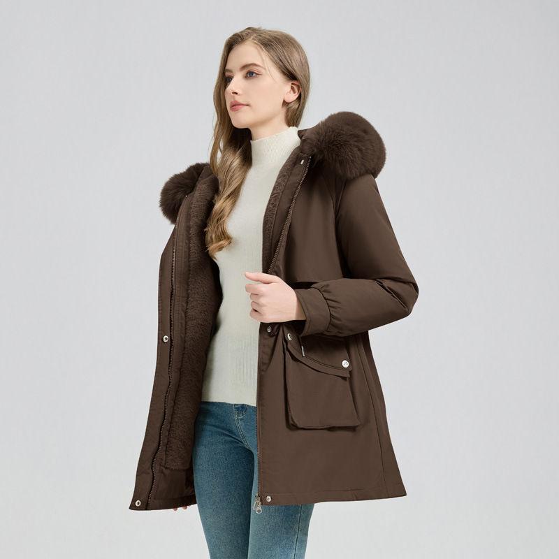 Mid Length Hooded Parka Coat Women's Winter Fur-Lined Coated Warm Cotton Coat