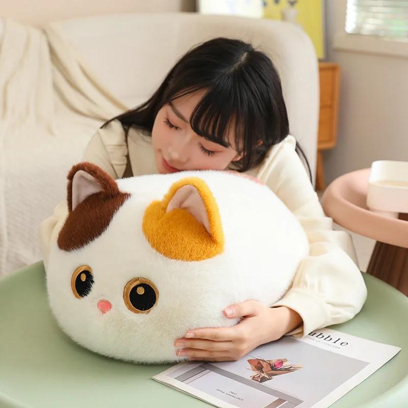 Adorable Round Cat Plush Pillow Soft Fluffy Stuffed Siamese Calico Black Brown Kitty Cushion For Sofa Back Decor