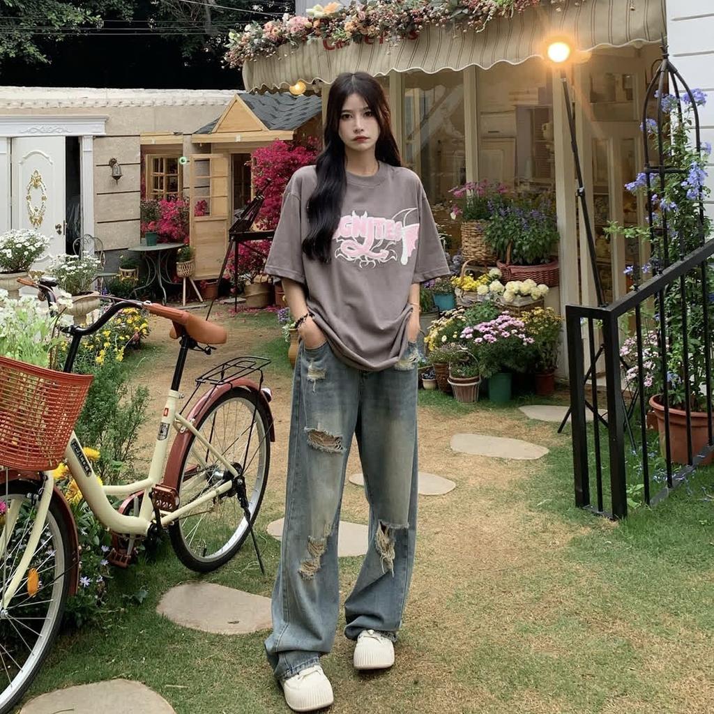 American Retro Ripped Jeans for Women High Waist Straight Loose Slimming Design High Street Vibe Wide Leg Floor-Length Pants