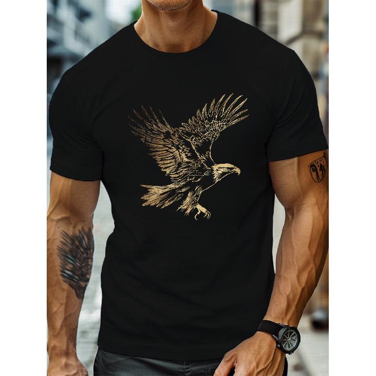 Men s black short sleeve t-shirt with gold eagle graphic, crew neck, relaxed fit, soft cotton blend for casual daily wear or outdoor activities S чёрный