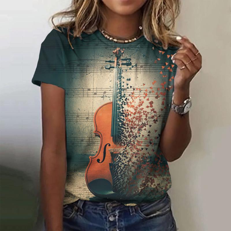 Women's Oversize T-Shirt 3d T-Shirt With Guitars Print Summrt O-Neck Short Sleeve Tops Rock Tee Streetwear Y2k Female Clothing