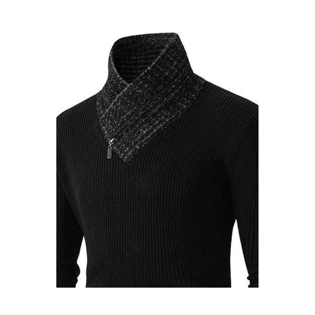 Men's Casual Solid-color Patchwork Style Long-sleeved High-neck Sweater, Men's Fitted Knitted Pullover, Scarf Collar Sweater