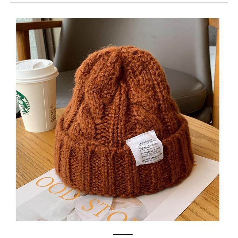 Knitted Appliquéd Twisted Wool Hat Big Head Circumference Winter Candy Colour Ear Protection Hat Women's Hat