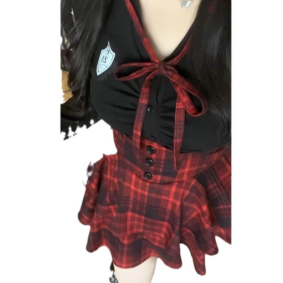 Plus Size Women's JK Style Uniform Set - Waist-Hugging Puffy Skirt & Slimming Shirt Top Duo