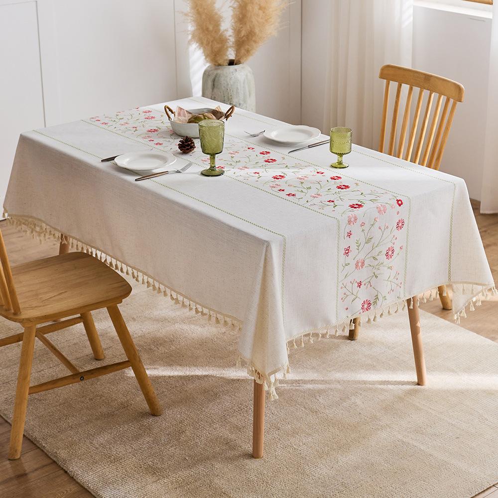 Embroidered cotton and linen style tablecloth French style fabric dining table cloth literary small fresh fringed coffee table cloth tablecloth 80*120cm