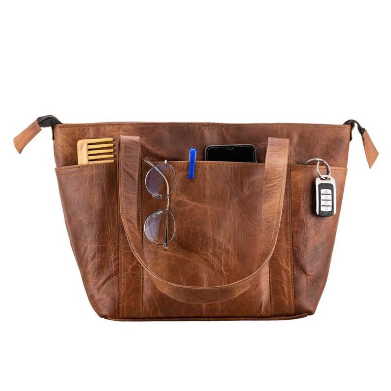 

Handmade Leather Tote Bag: Vegetable-Tanned Work Bag, Laptop Handbag 16 x 12 x 5 in