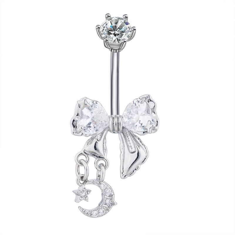 Shiny Crystal Bow Stars Moon Belly Button Rings Dangle Stainless Steel Navel Piercing Jewelry for Women Birthday Gift