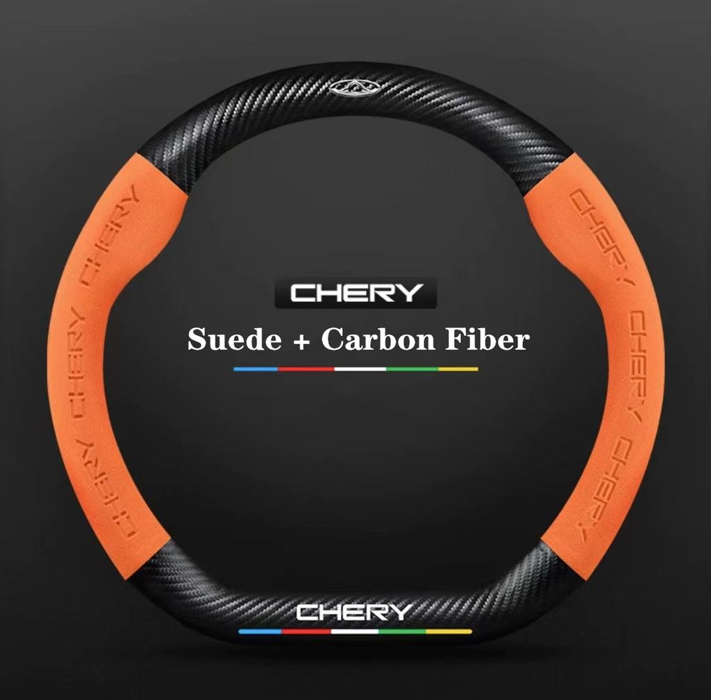 For Chery Tiggo 3 4 5 7 Pro 8 Plus Arrizo 7 GX 5x EQ7 Fulwin 2 Eastar A3 A5 Car 3D Logo Suede Carbon Fiber Steering Wheel Cover
