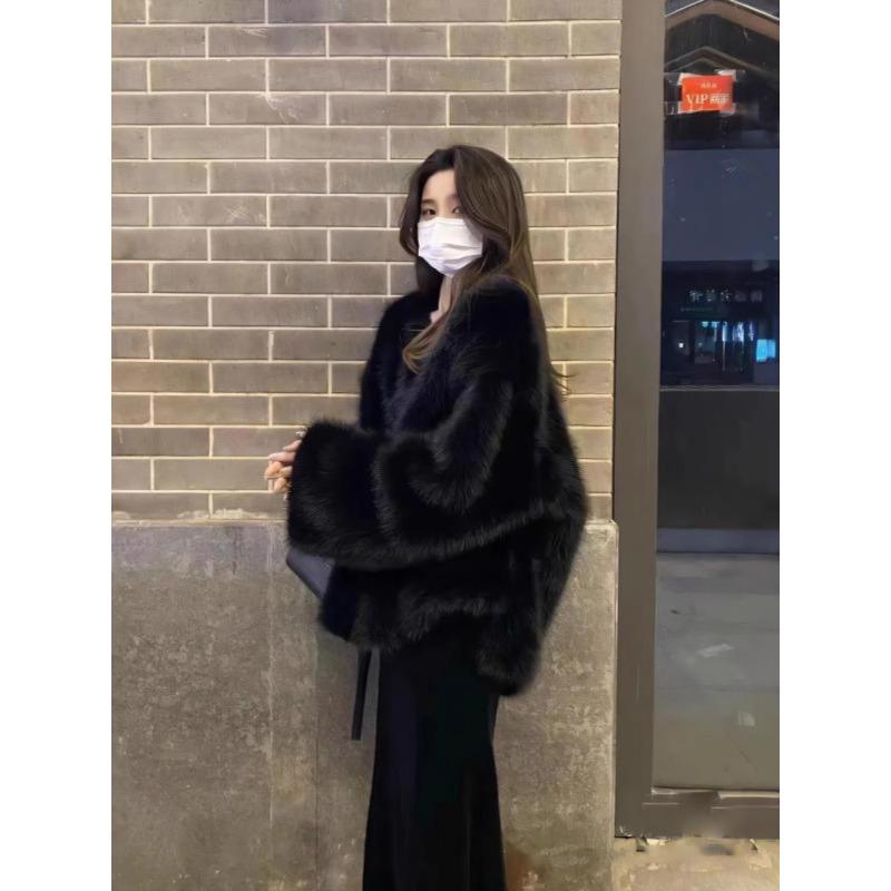 

Черная плюшевая куртка из искусственного меха лисы, экологичная, для женщин, высококлассная, суперкрасивая, пушистая, осенне-зимние новые модели XL
