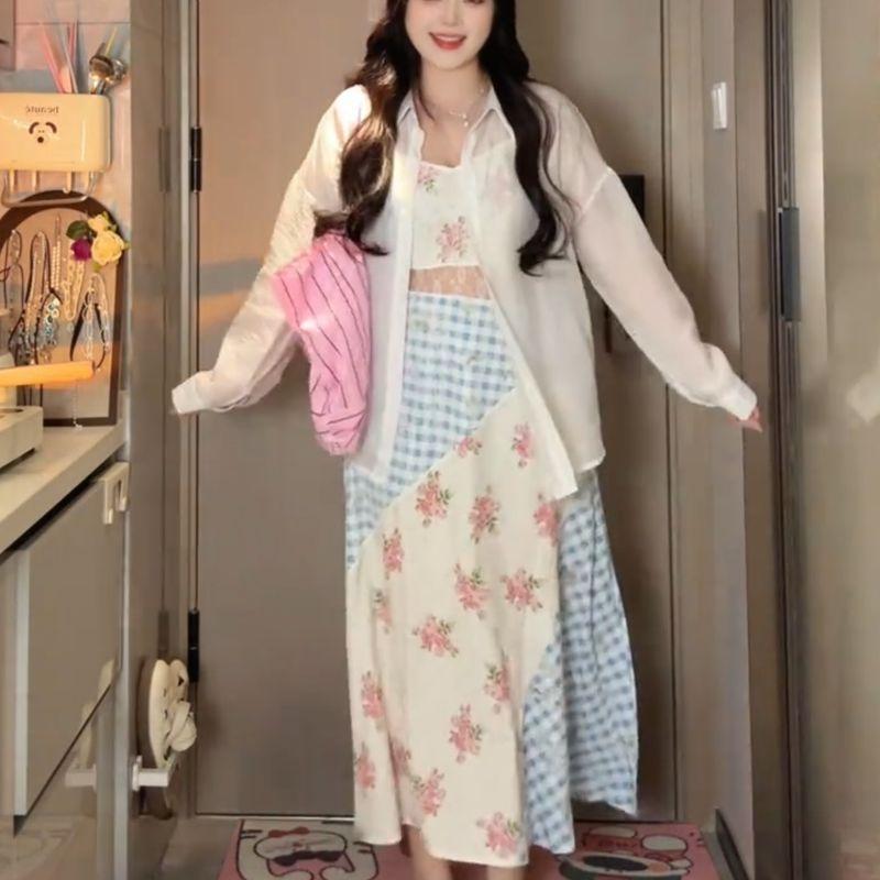 100.00kg Export Oversize Women's Clothing Plain Fur Amazon Fashion Vacation Style Plaid & Floral Print Suspender Skirt Cardigan