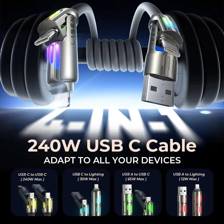 240W Chubby USB C-kabel Snabb laddning 4 i 1 Datakabel 6,6FT Zinklegering med Andningsljus för Telefon/MacBook/iPad