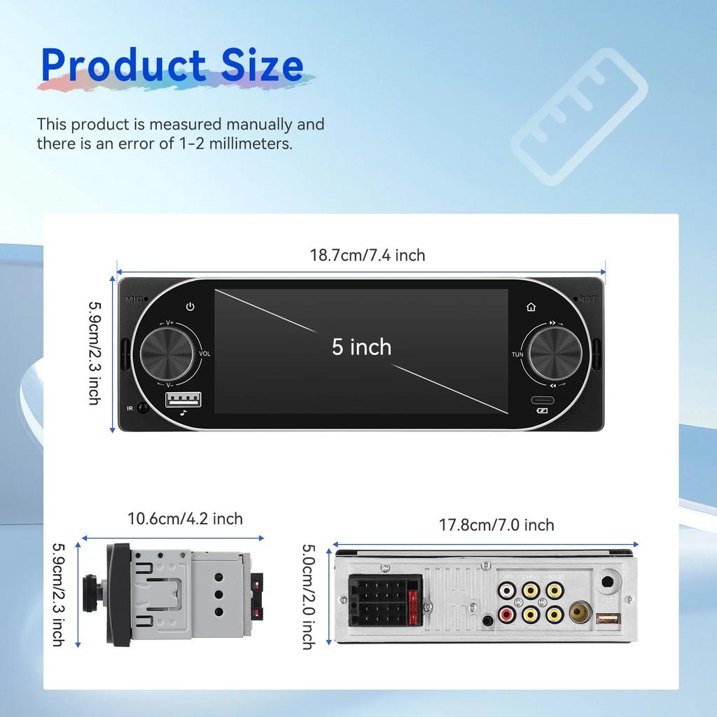General 1 Din Car Radio MP5 IPS HD Player Support Wireless Carplay Android Auto Bluetooth FM AM RDS Stereo USB WIFI Video Player 5.1In Digital Display
