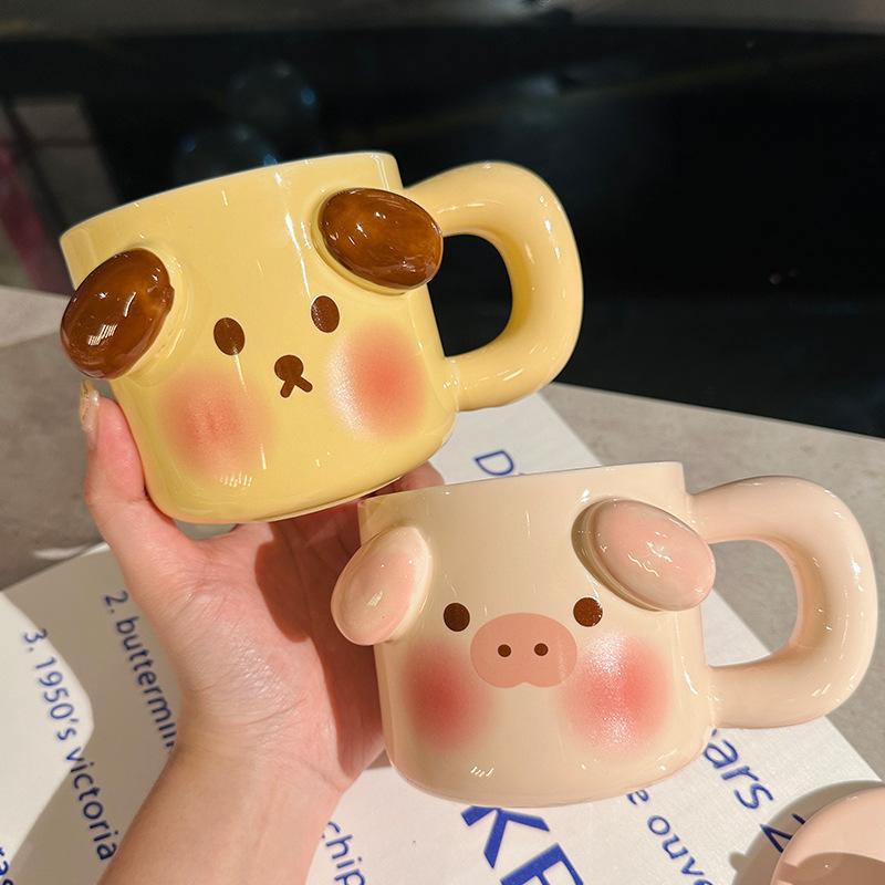 Cute Ceramic Puppy Mug with Lid Spoon Card  Animal Pink Girlish Office Water Cup  Coffee Cup