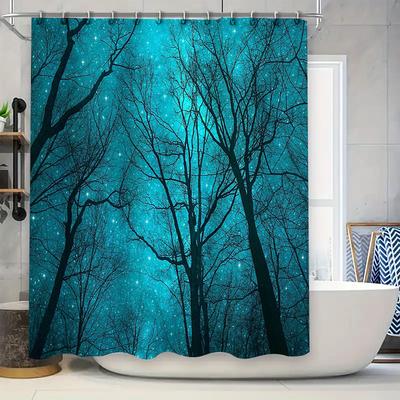 Blue Forest Shower Curtain Woodland Nature Trees Scenic Backdrop Teal Bathroom Decor Vintage Rustic Home Decor Washable Waterpro