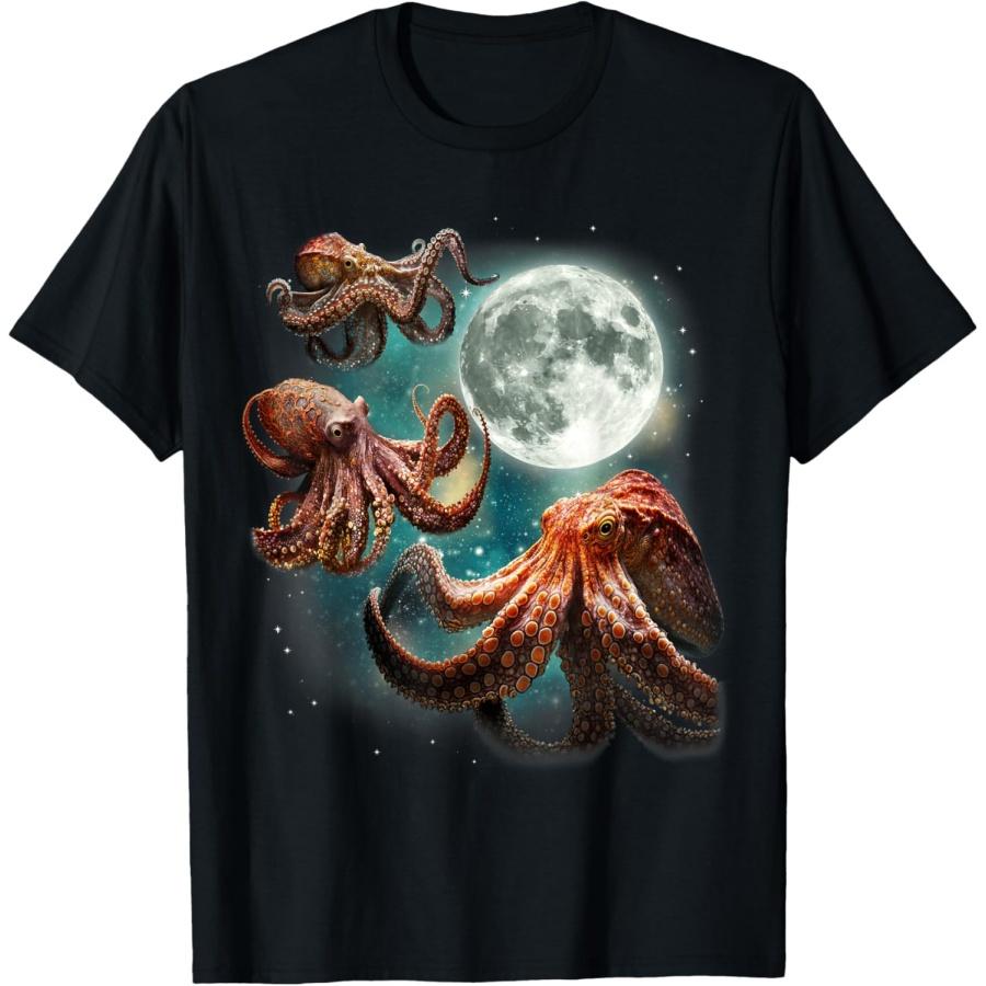 Three Octopuses 3 Moon Ocean Deep Sea Creature Wildlife T-Shirt XXXXXL чёрный