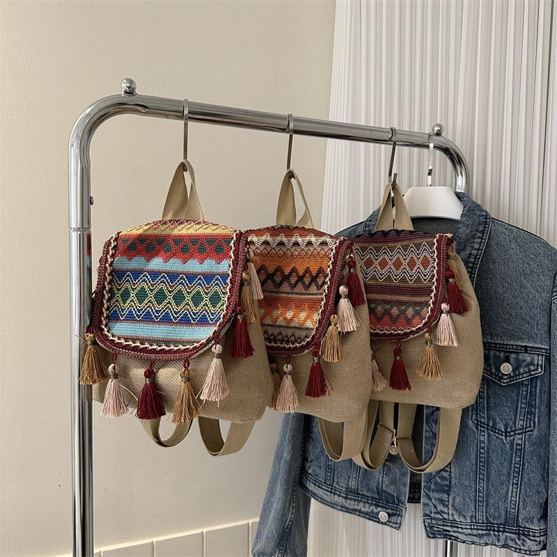 Literature and Art National Style Woven Strap Backpack Winter Polyester Burden Reduction Breathable Anti-theft Leisure Travel Women's Bag