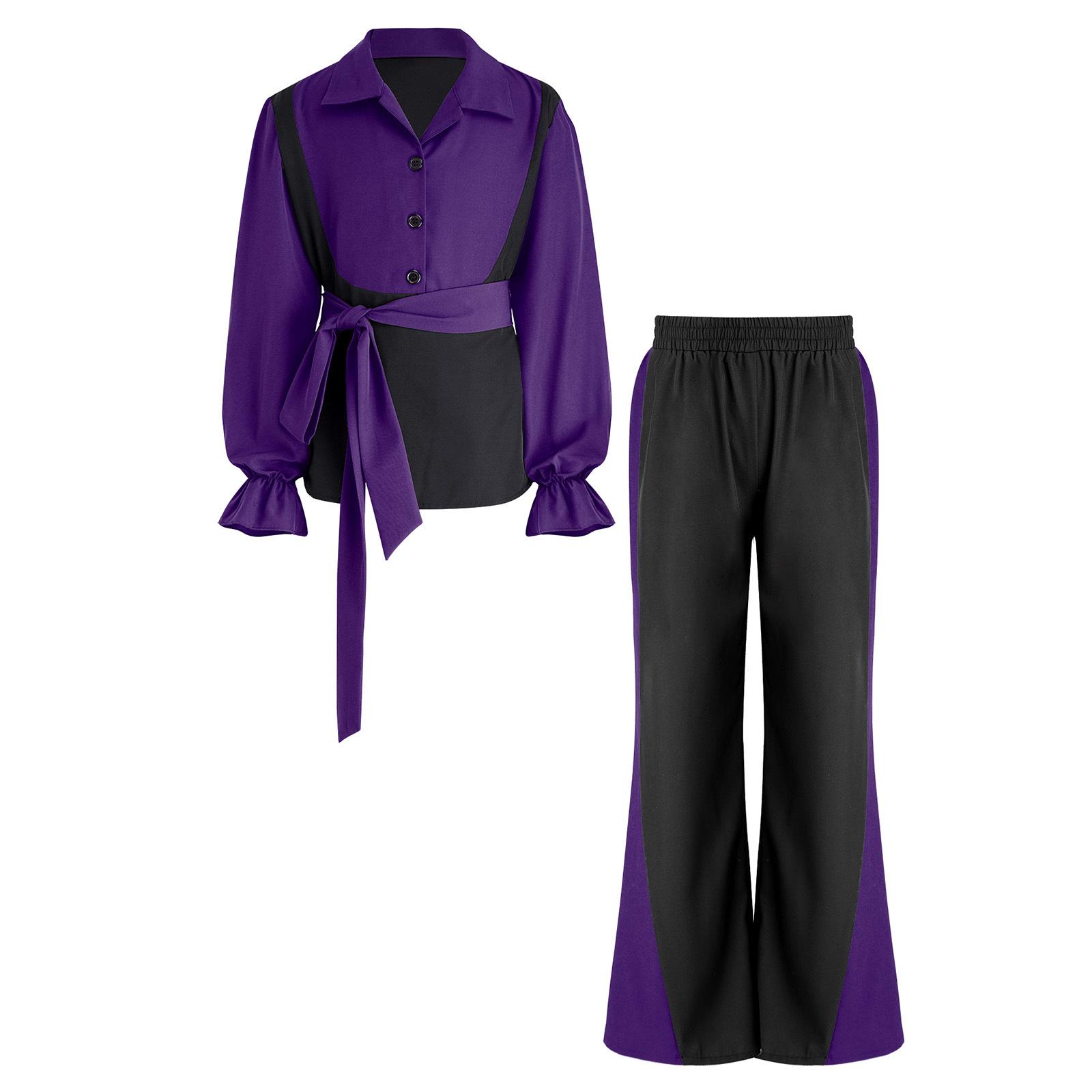 

Boys Flamenco Dance Outfit Color Block Turn Down Collar Long Puff Sleeve Pullover Shirt Elastic Waistband Pants Belt 5-6 Years фіолетовий