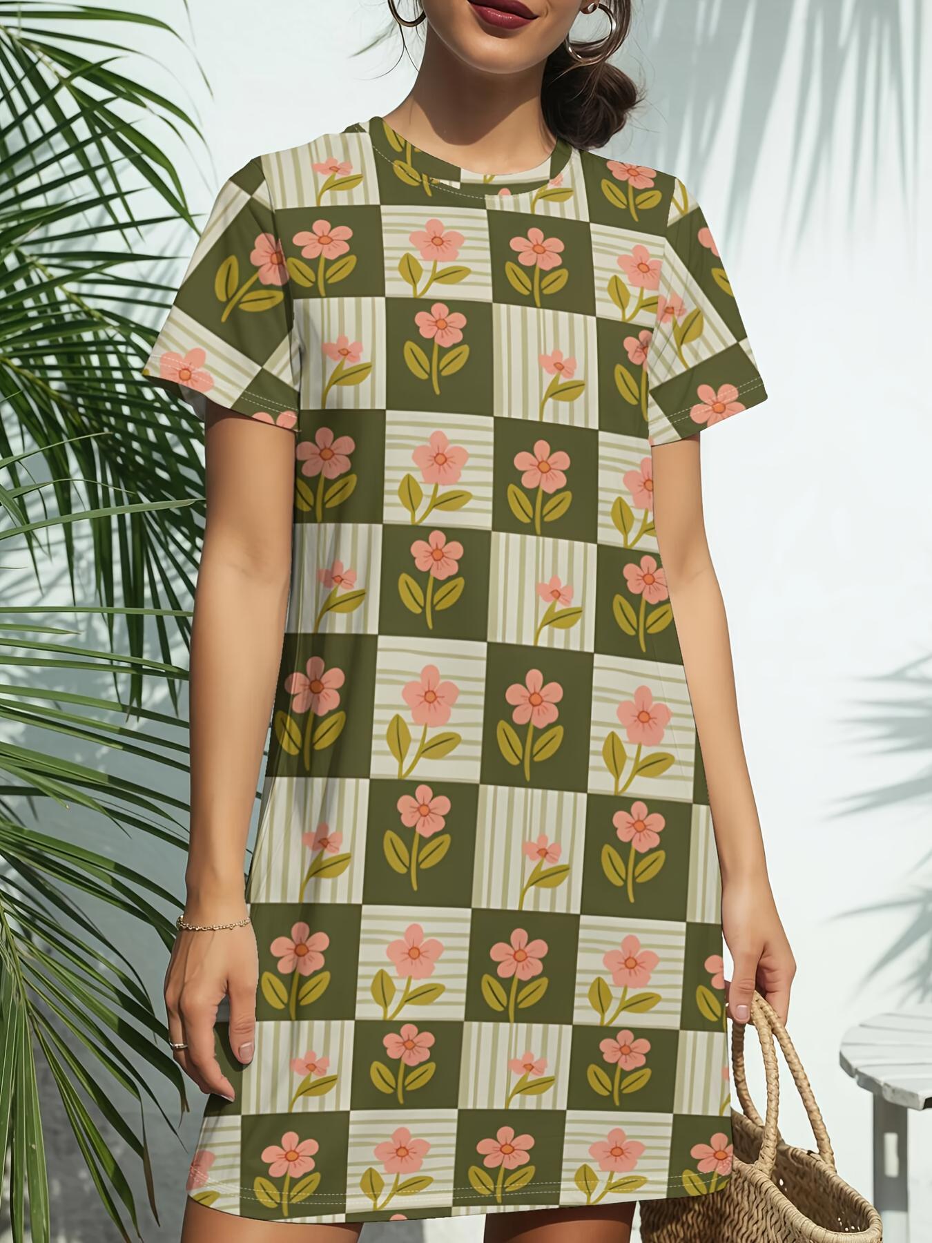 

The Green Checker Tile Women S New Round Neck Short Sleeve Dress Is a Stylish American Fashion Piece with Digital Prints. Perfect for Spring And Summe L дубильная кора