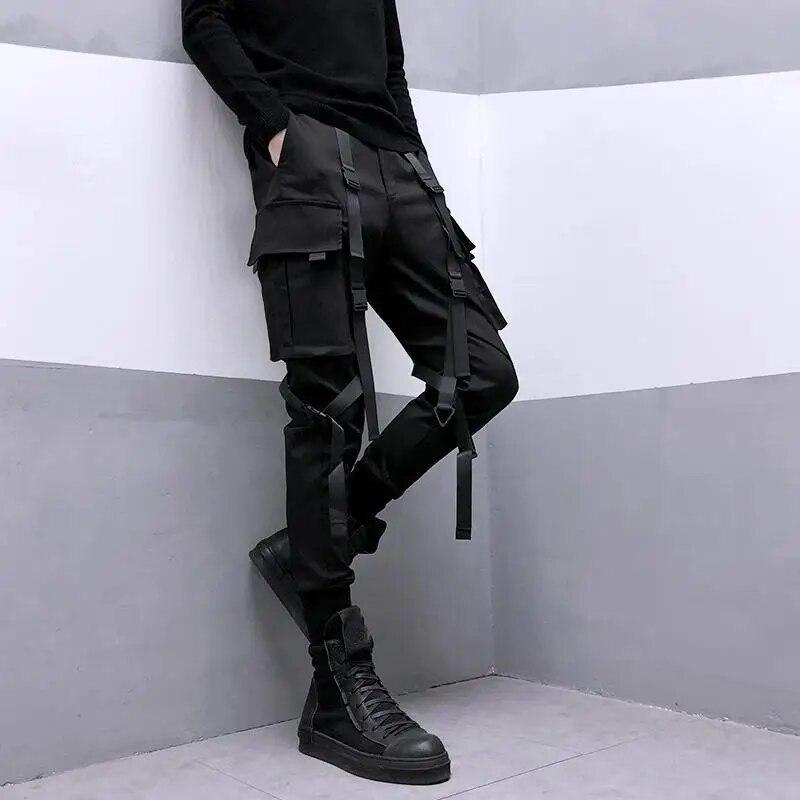 Men's Spring and Fall Multi-Pocket Work Pants Fashion Casual Hip Hop Drawstring Pants