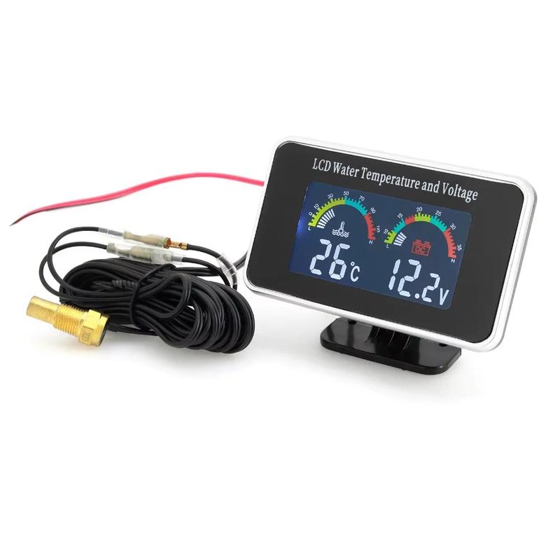 HD LCD 2 in 1 Car Water Temperature Gauge Voltmeter Waterproof 10mm Sensor 12V 24V for Car Truck SUV RV with Alarm Function