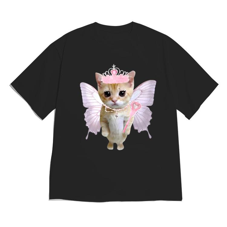 Korean Fashion Kawaii Fairy Princess Cat Tshirt for WOMEN Cute Black Short Sleeve Casual Versatile Crew Neck Tee Minimalist