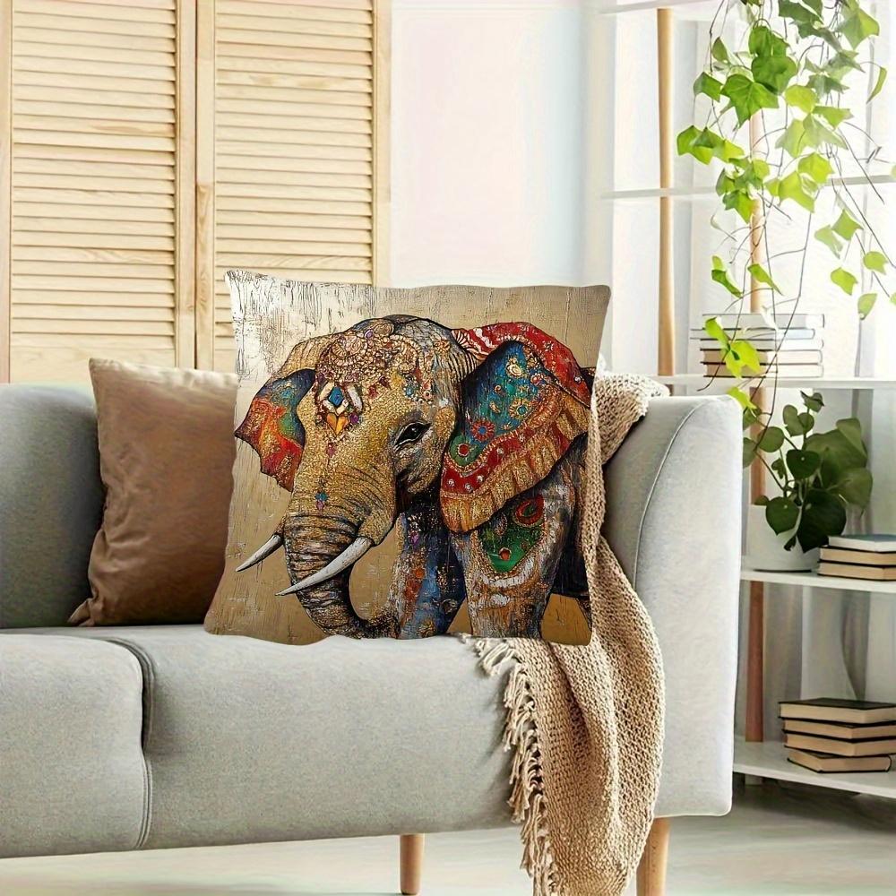 2D Flat- Bohemian Luxury Elephant Print Throw Pillow Cover Vintage Gold Texture Decorative Cushion Case