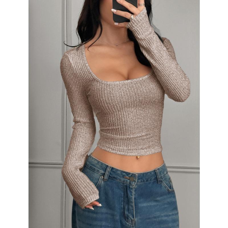 Womens Solid Ribbed Square Neck Long Sleeve Cropped Top