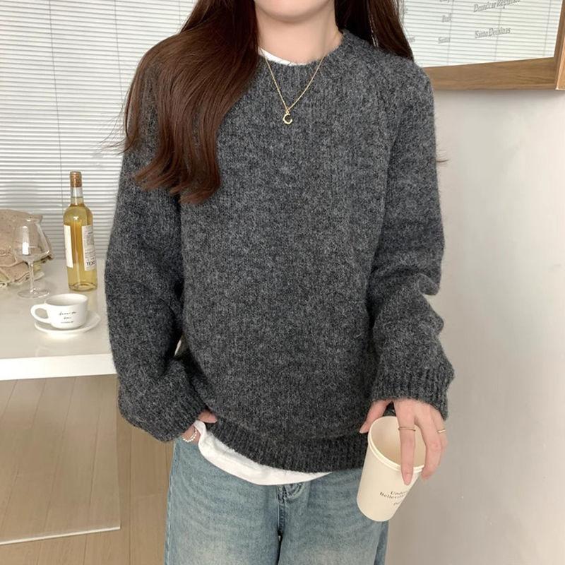Autumn Winter Women Sweater Soft Round Neck Loose Knit Pullover Long Sleeve Casual Solid Color Thick Top