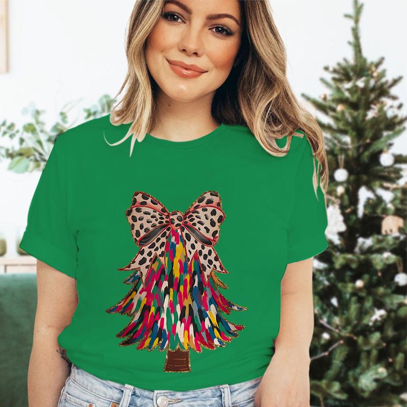 Merry Christmas Tree Design Tshirt Women Funny Festive Fashion Casual Green Tshirt Creative Xmas Tree Graphic Holiday Tops Tees