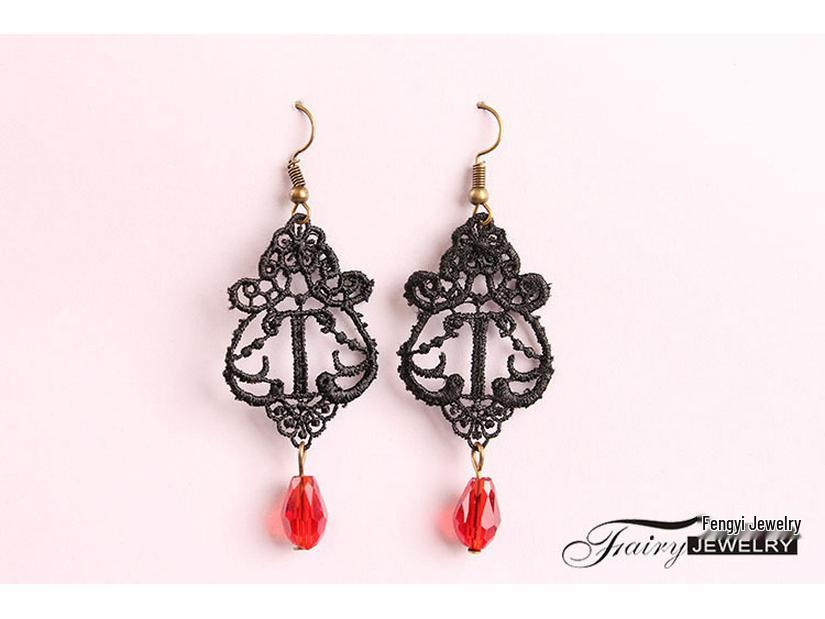Boucles d'oreilles pendantes Baroques Vintage en Cristal et Dentelle pour Femmes - Noir.