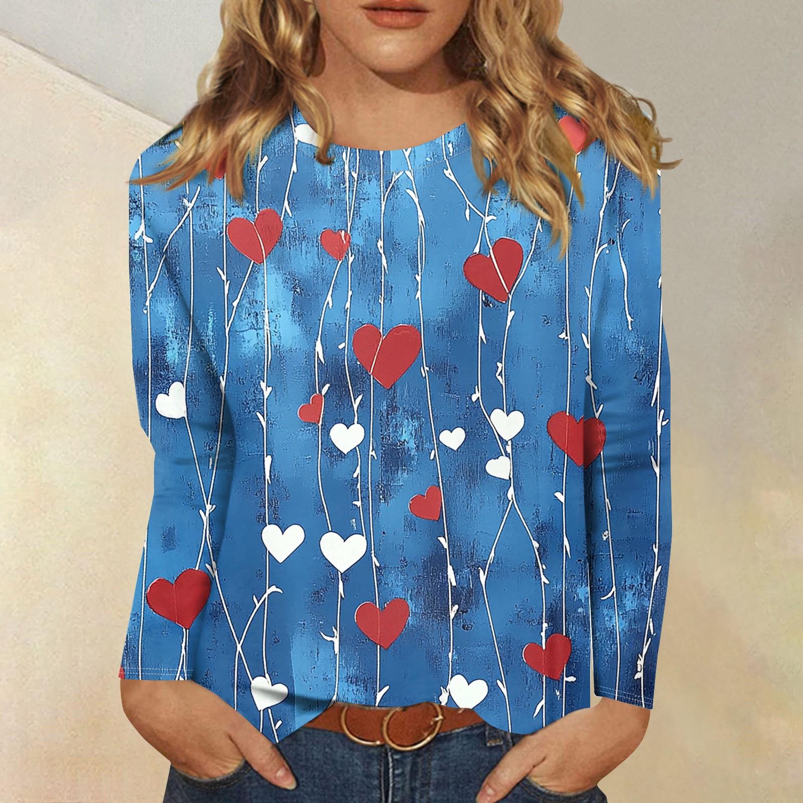 

Рубашки с длинным рукавом для женщин Милые принты Футболки Блузки Повседневные Большие размеры Базовые топы Пуловеры День святого Валентина XXXL синий