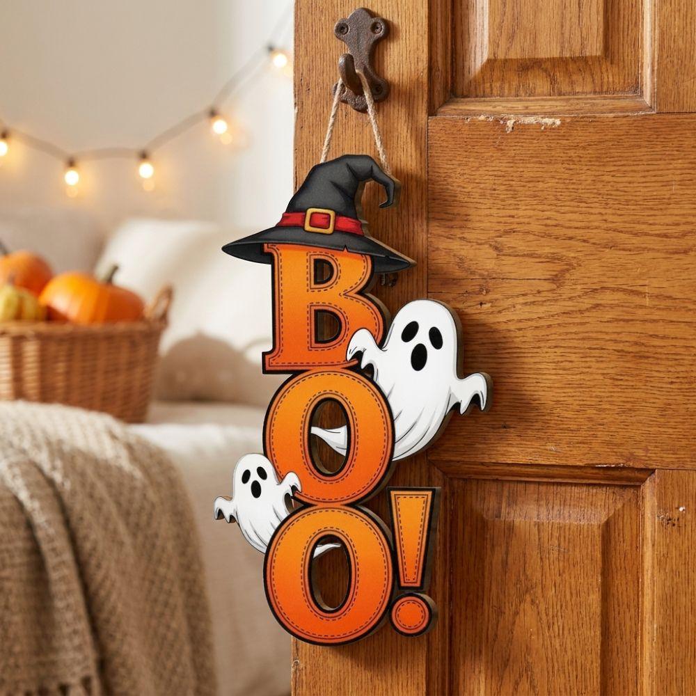 Gothic Ghost Witch Hat Door Hanger Wooden BOO Letter Wall Ornament  Kitchen Hanging