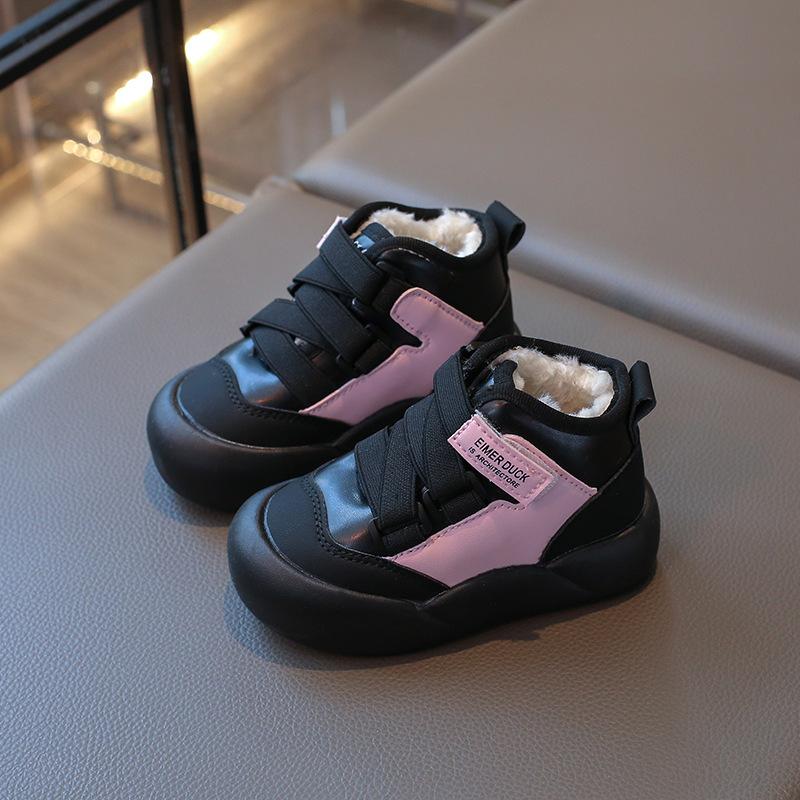 Children's mid-high-top fleece-lined thickened cotton shoes, winter leather sneakers for boys, stylish sports shoes, warm shoes for girls