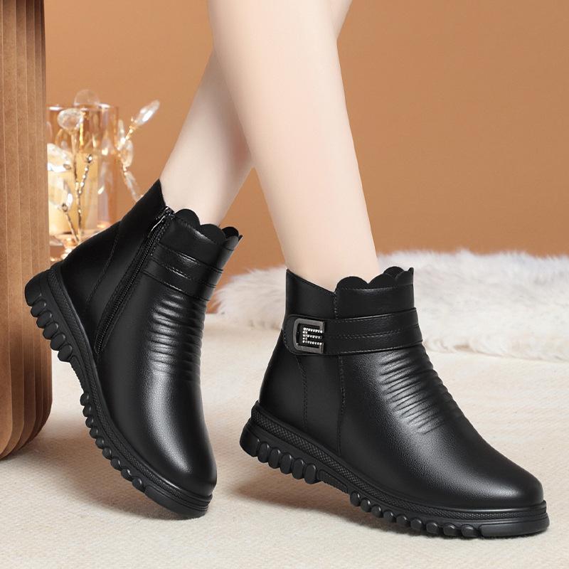 Fashion 2024 Fashion Winter Boots Women Leather Ankle Warm Boots Mom Autumn Plush Wedge Shoes Woman Shoes Anti-slip Middle-aged Elderly