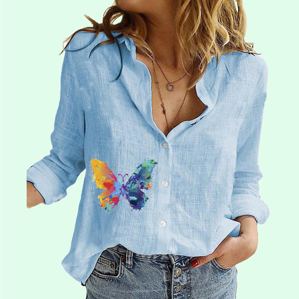 Tricou cu mânecă lungă, cu mânecă lungă, cu imprimeu fluture, din bumbac, cu nasturi, la modă, la modă pentru femei.