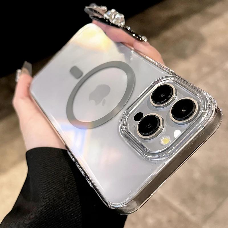 For Magsafe Phone Case For iPhone 17 16 15 14 13 Pro Max Plus 16e 17 Air Metal Buttons Transparent Clear PC Hard Cover