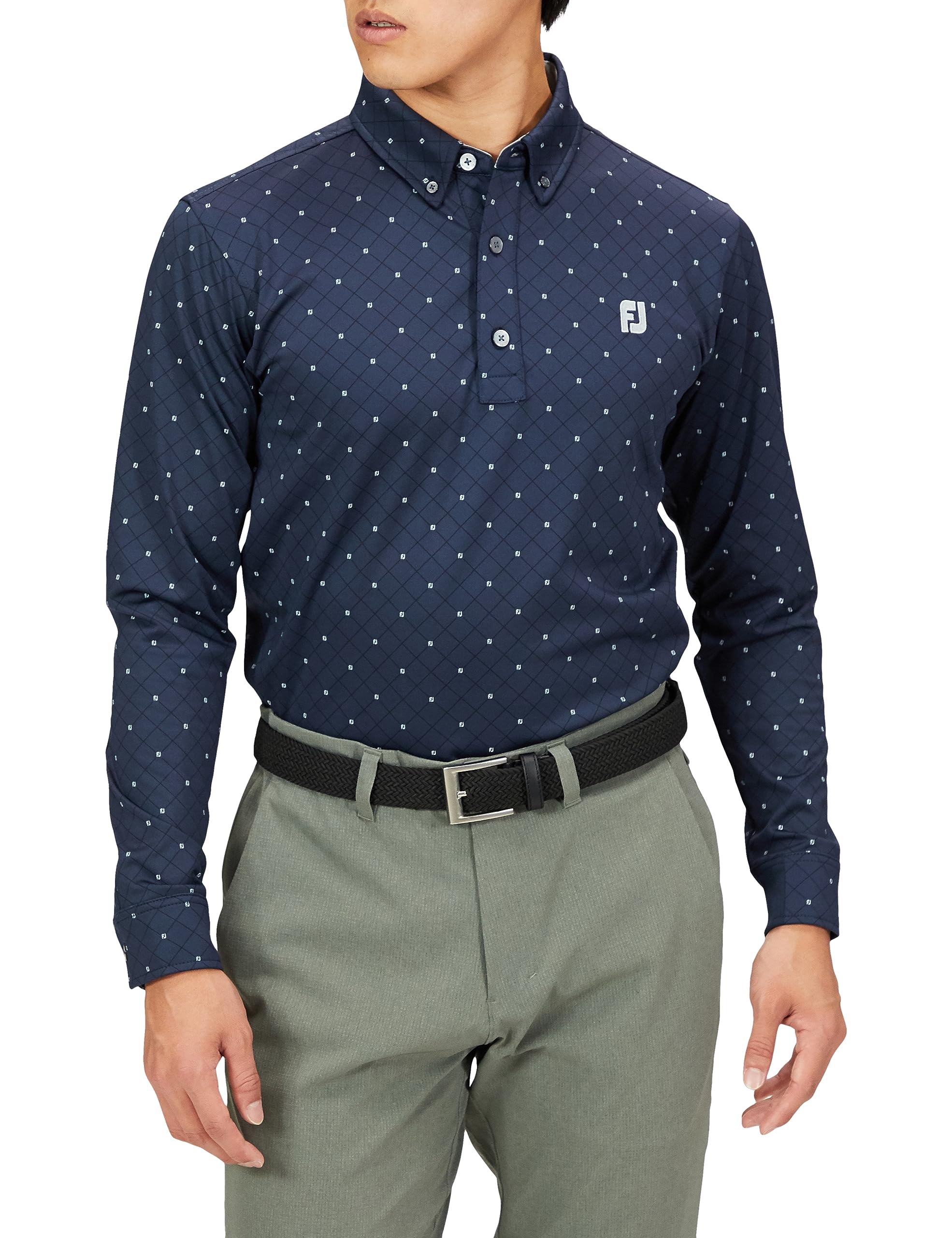 

FootJoy Modern Classic FJ Argyle Heat-Retaining Long-Sleeve Button-Down Golf Shirt, Men s Navy, XXL (FJ-F23-S10)