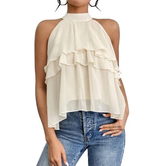 Women Tops Halter Neck Sleeveless Solid Color Pullover Tops Multi Layer Ruffle Hem Commuting Style Short Tops