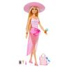 Barbie Doll Beach-Themed Playset with Pink Striped Swimsuit and Accessories (Model HPL73)