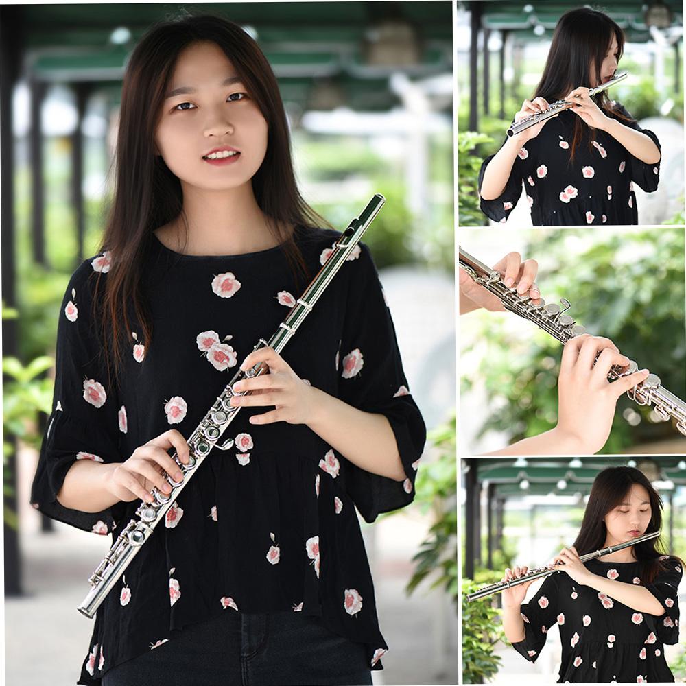 Western Concert Flute Nickel Plated 16 Holes C Key Cupronickel Woodwind Instrument with Cleaning Cloth Stick Gloves