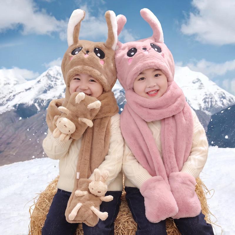 Children's Hat, Winter Scarf, Scarf, and Neck in One, Cute and Adorable Parent-child Bunny with Movable Ears, Plush Hat