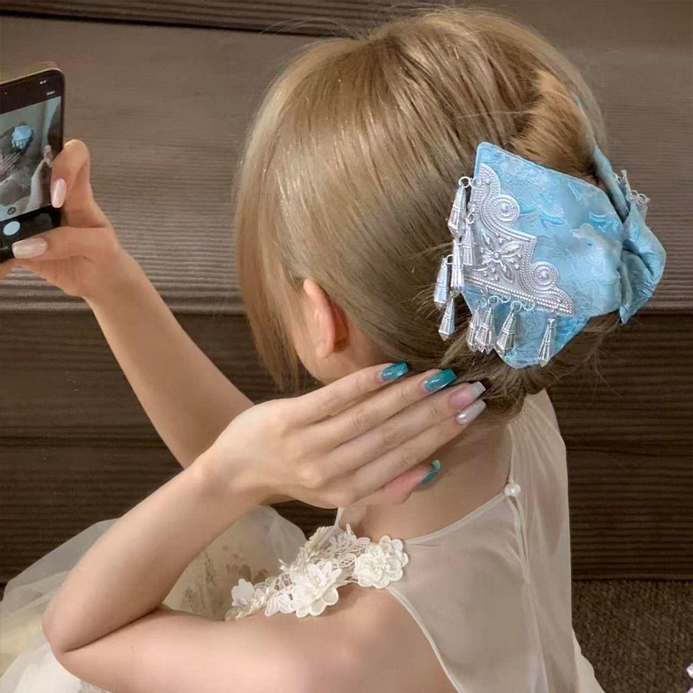 Cloth Satin Triangle Hair Claw Flower Bow Ethnic Style Hair Clip Large New Chinese Style Silver Tassel Shark Clip