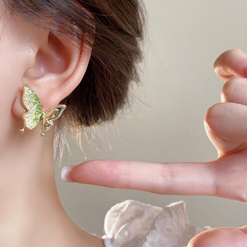 925 Silver Green Crystal Butterfly Stud Earrings - Hot 2024 Style for Women