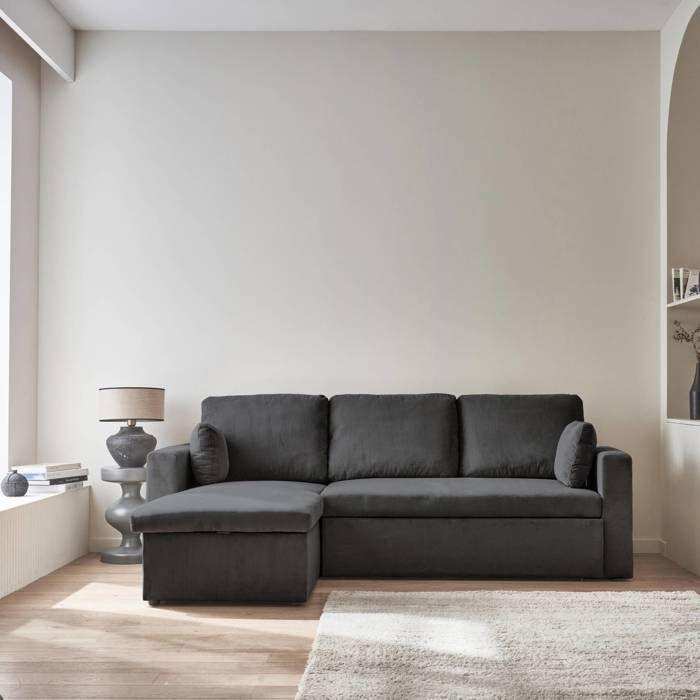 Dark Grey Corduroy Convertible Corner Sofa - IDA - 3 Seater. Reversible Corner Armchair Storage Chest Bed