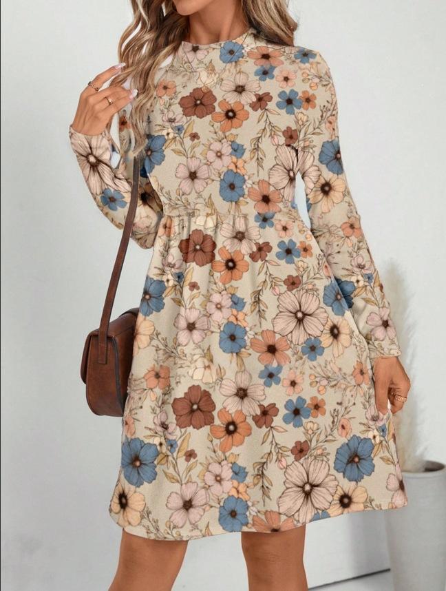 Autumn and winter new casual fashion floral printing long-sleeved stand-up collar dress women's clothing