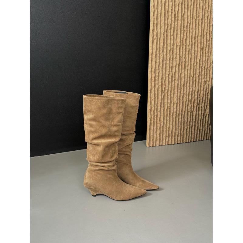 2025 autumn and winter new retro pointed suede wedge heel boots femininity thin pleated pile knight boots