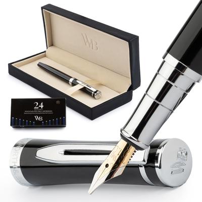 Wordsworth Black Fountain Pen Wide 24 Pack Ink Ink Refill Converter Gift Chrome Perfect for Men and Women & Set, Nib, Cartridges, & Box, Finish,