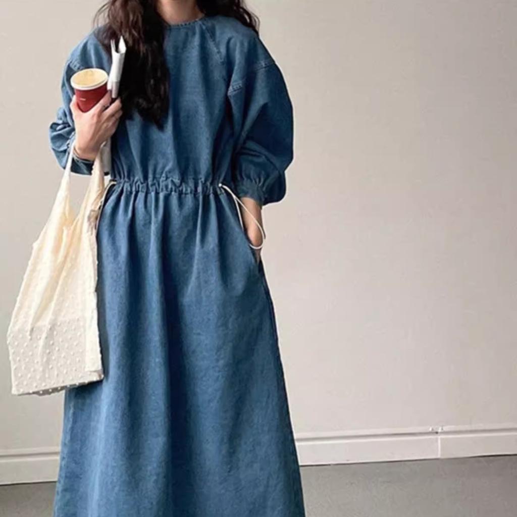 Spring and Autumn Retro Style Long-sleeved Waist Drawstring Strap Loose Large Size Dress
